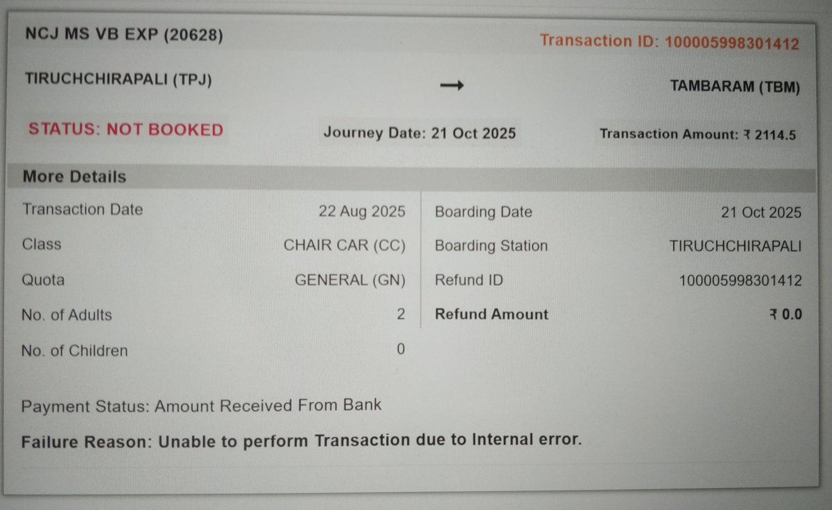 gowthams03's tweet photo. Worst IRCTC booking experience ever. Tried booking ticket for diwali and getting these messages after doing every step correctly.
Payment status: Amount received from bank. 
Failure reason: Unable to perform transaction due to internal error.
Note:Travellers are Aadhaar verified. https://t.co/2rgFV7F2bk