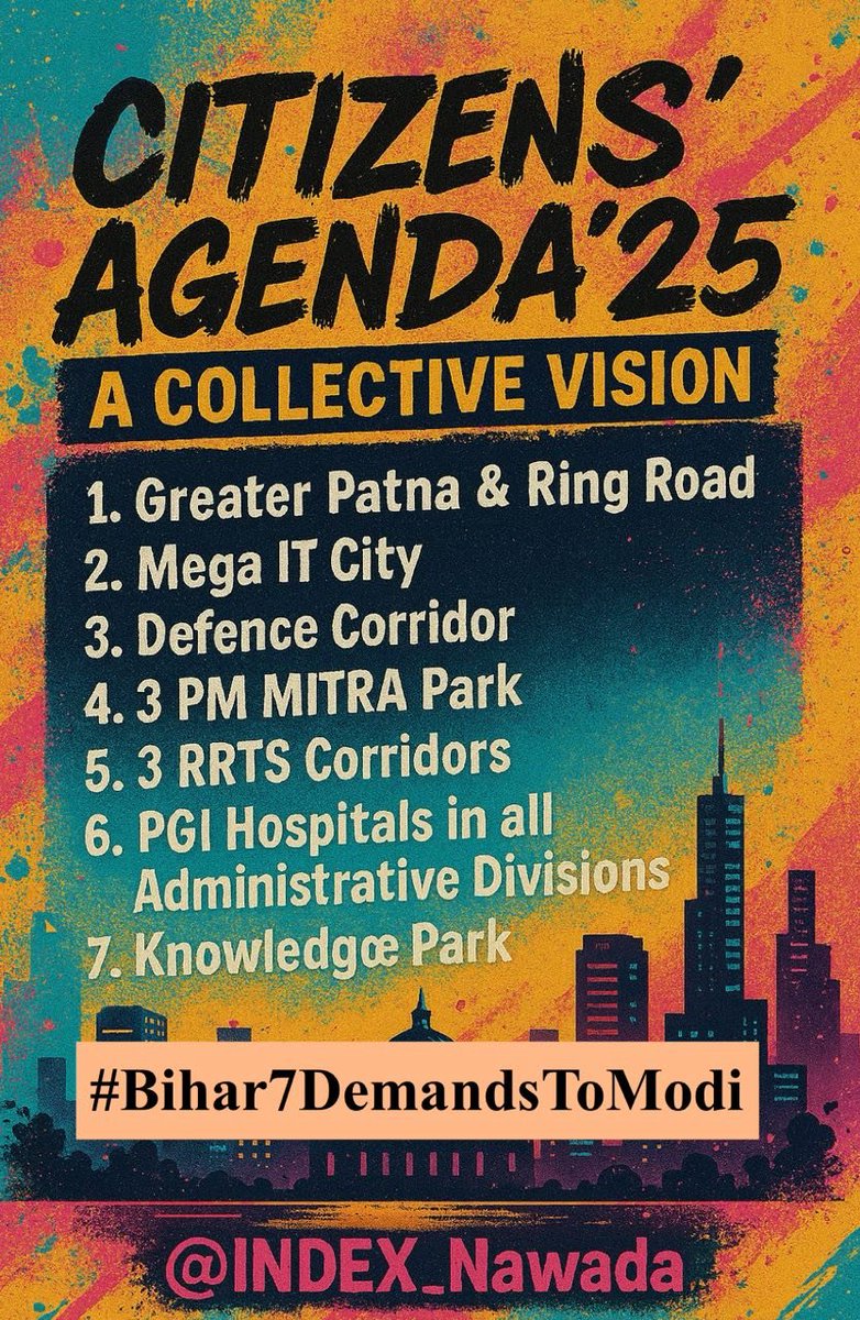 DrRanjanNishant's tweet image. Bihar has these 7 demands from PM @narendramodi ji :-
#Bihar7DemandsToModi 
🔶1. Greater Patna along with completion of Patna Ring road.
🔶2. Mega IT city
🔶3. Defence corridor 
🔶4. 3 PM MITRA Parks
🔶5. 3 RRTS corridors 
🔶6. PGI level Hospitals in all the Administrative…