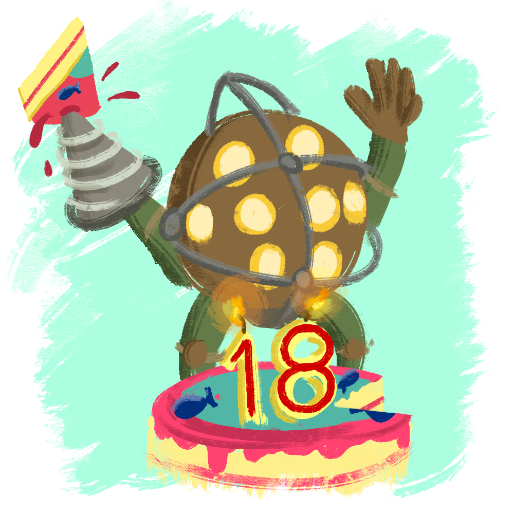 Been wanting to post this all day long, but:

HAPPY 18TH BIRTHDAY TO BIOSHOCK!!! 🎂🎂🎂

Crazy to think it's almost two decades old, but happy to think about the bright future ahead of it!

May these games keep touching lives 💙 🐠🌊