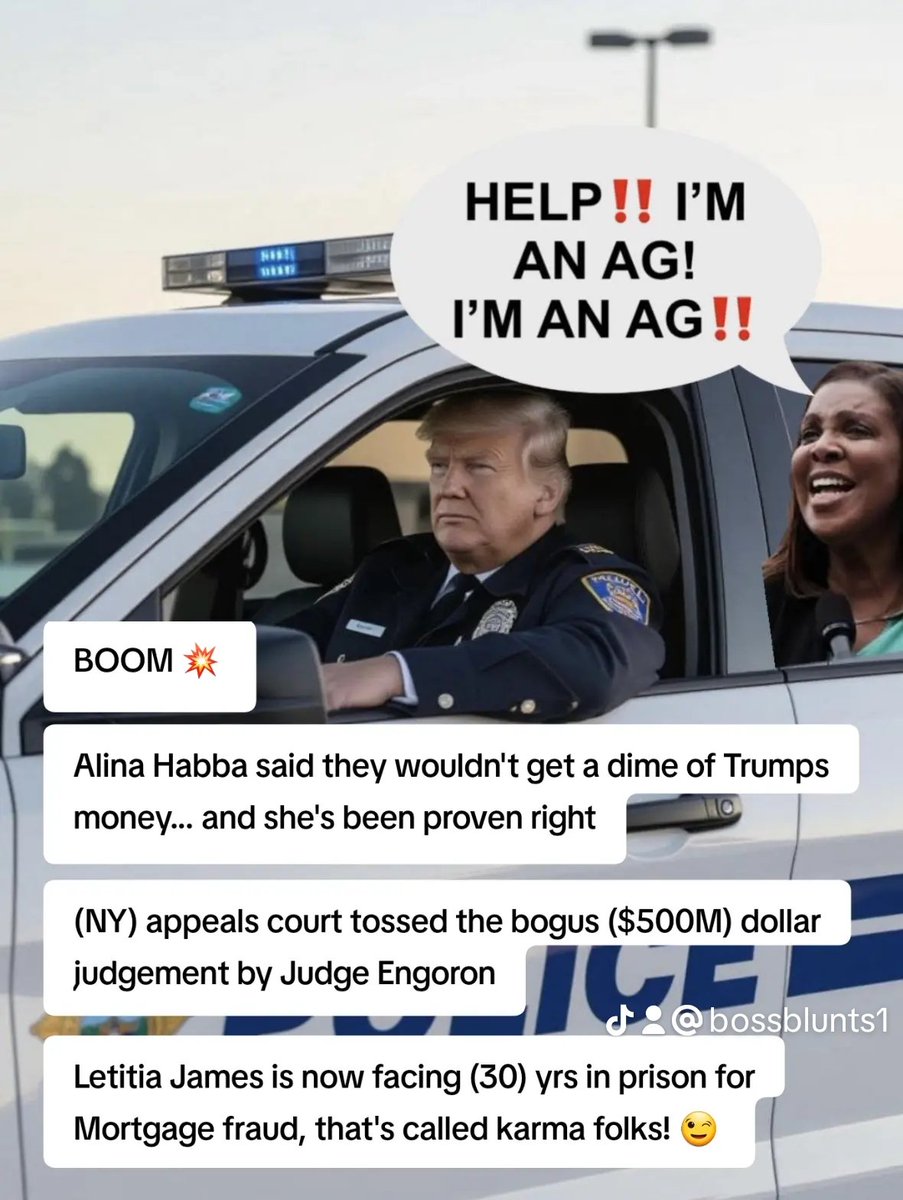 BossBlunts1's tweet photo. Letitia James under federal investigation for mortgage fraud facing 30 years in federal prison.

Trump vindicated as the bogus claims against him by AG James have been thrown out today in NY Supreme Court of Appeals. https://t.co/ifetw8R8wZ