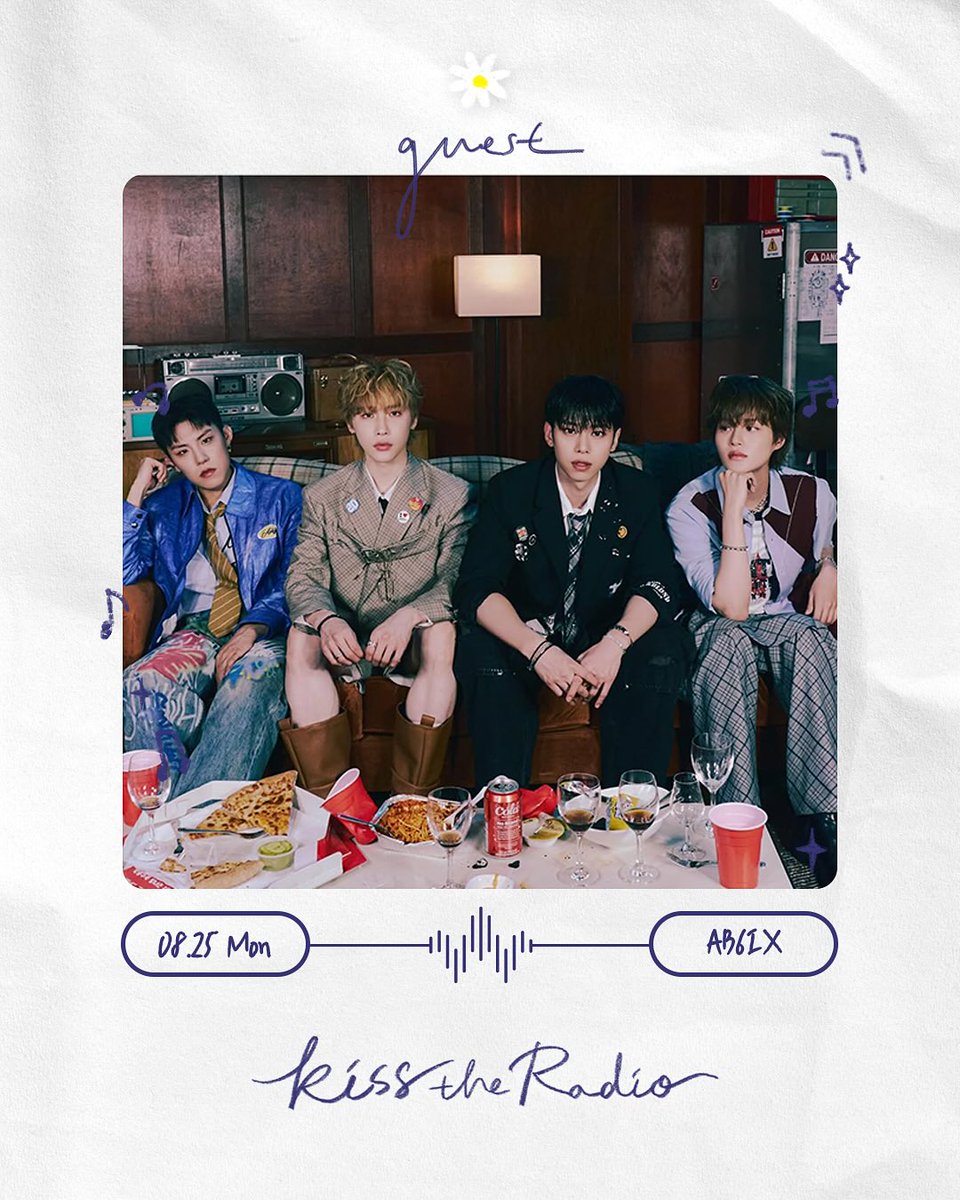 [📰/250822] AB6IX will be guesting on Hanhae's Kiss The Radio on August 25 (Monday), 10pm KST

🔗 instagram.com/p/DNpDRWXB7RR/

#AB6IX #전웅 #김동현 #박우진 #이대휘 <a href="/AB6IX/">AB6IX</a>