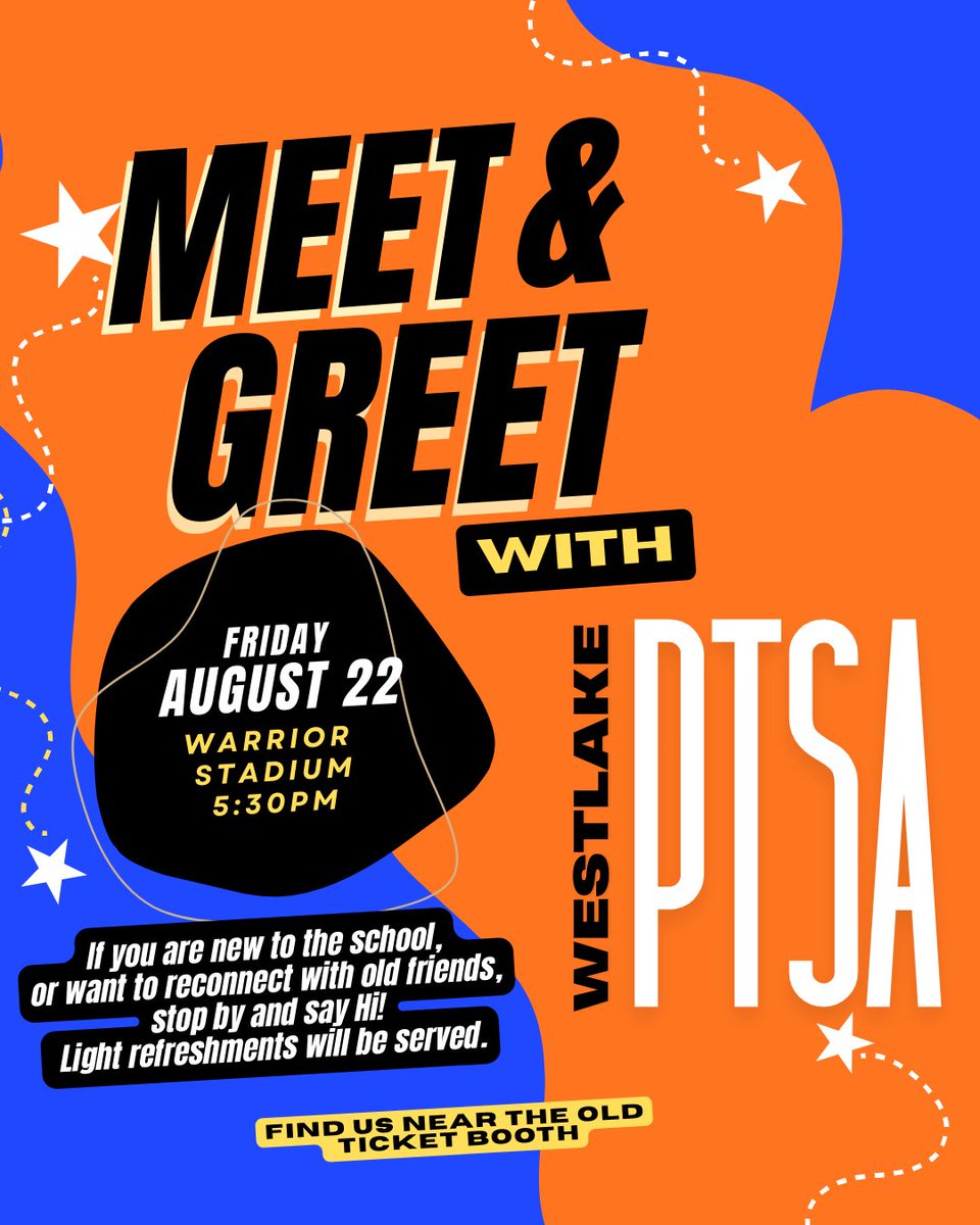 Get ready for Friday Night Lights!  On Friday (8/22) we will host our first home football game of the season at 7:00pm in Warrior Stadium. Show up early and join our PTSA with a Meet &amp; Greet at the stadium entrance starting at 5:30pm. #WeAreWarriors #WestlakeProud