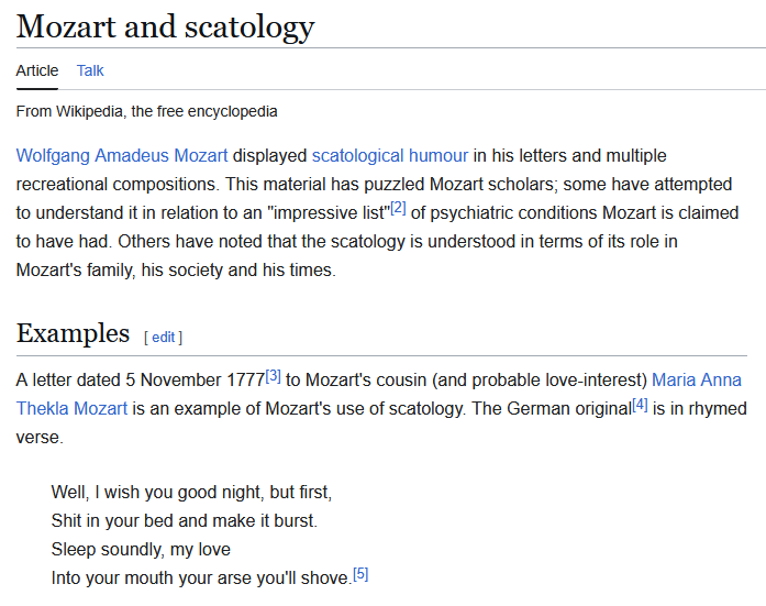 as someone who once majored in music, I feel obligated to inform everyone that Mozart saying "Poop!" in the latest episode of Dandadan is a reference to his well-documented poop-related humor.

🔗en.wikipedia.org/wiki/Mozart_an…