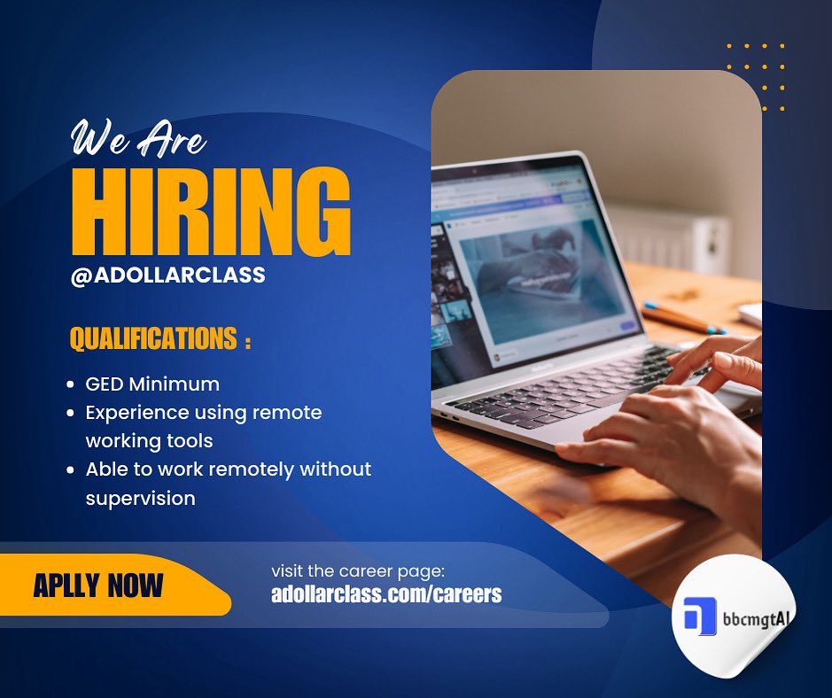 bbcmgtai's tweet photo. EXCITING CAREER OPPORTUNITIES ALERT!

Our subsidiary, ADollarClass  is currently hiring for various positions!

Are you looking for a new challenge? 
Do you have what it takes to join our dynamic team?

QUALIFICATIONS:

GED minimum https://t.co/WYXWf4nWYk