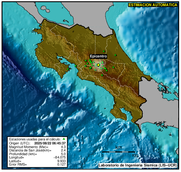 #sismocr #temblorcr M=4.3 P=5.0km, 22-08-2025 00:45:37  a 0.5km  OSO  de  San Jose  Centro