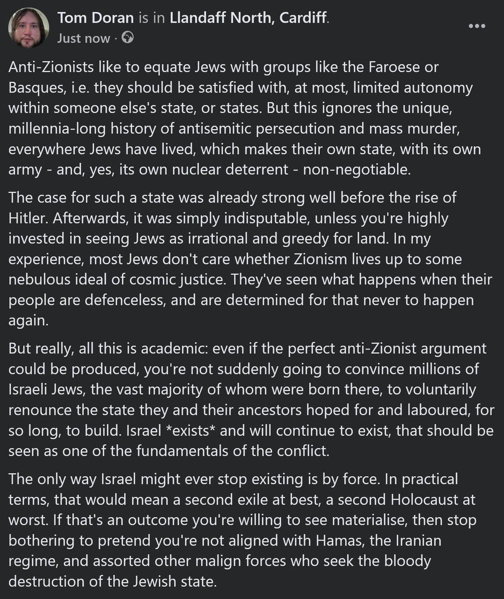 I wrote a response to this thread on Facebook. It turned out longer than anticipated, so I'm posting it here as a screenshot, rather than a thread. I should stress, I'm not Jewish myself. But I have many Jewish friends, and I'm sick of them having to deal with this nonsense.