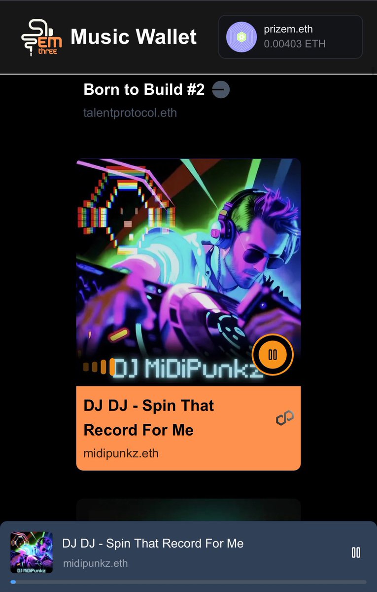 Music NFTs are so tricky to listen to. 

Think again. Not anymore. 

With <a href="/EmThreeXyz/">emthree</a>, you can instantly scan your wallet, pull out all your music, and enjoy it in a sleek, easy-to-use interface.

Start listening to your favorite track instantly!