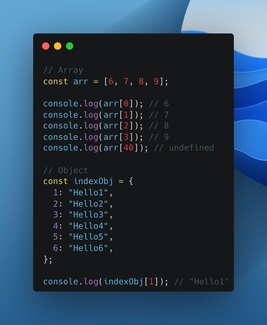 Change your mindset of thinking Array and Object in JavaScript.

In JavaScript, arrays are just special objects. That’s why accessing array elements with bracket notation feels similar to accessing object properties by keys. 

Both arr[0] and obj[1] are essentially property