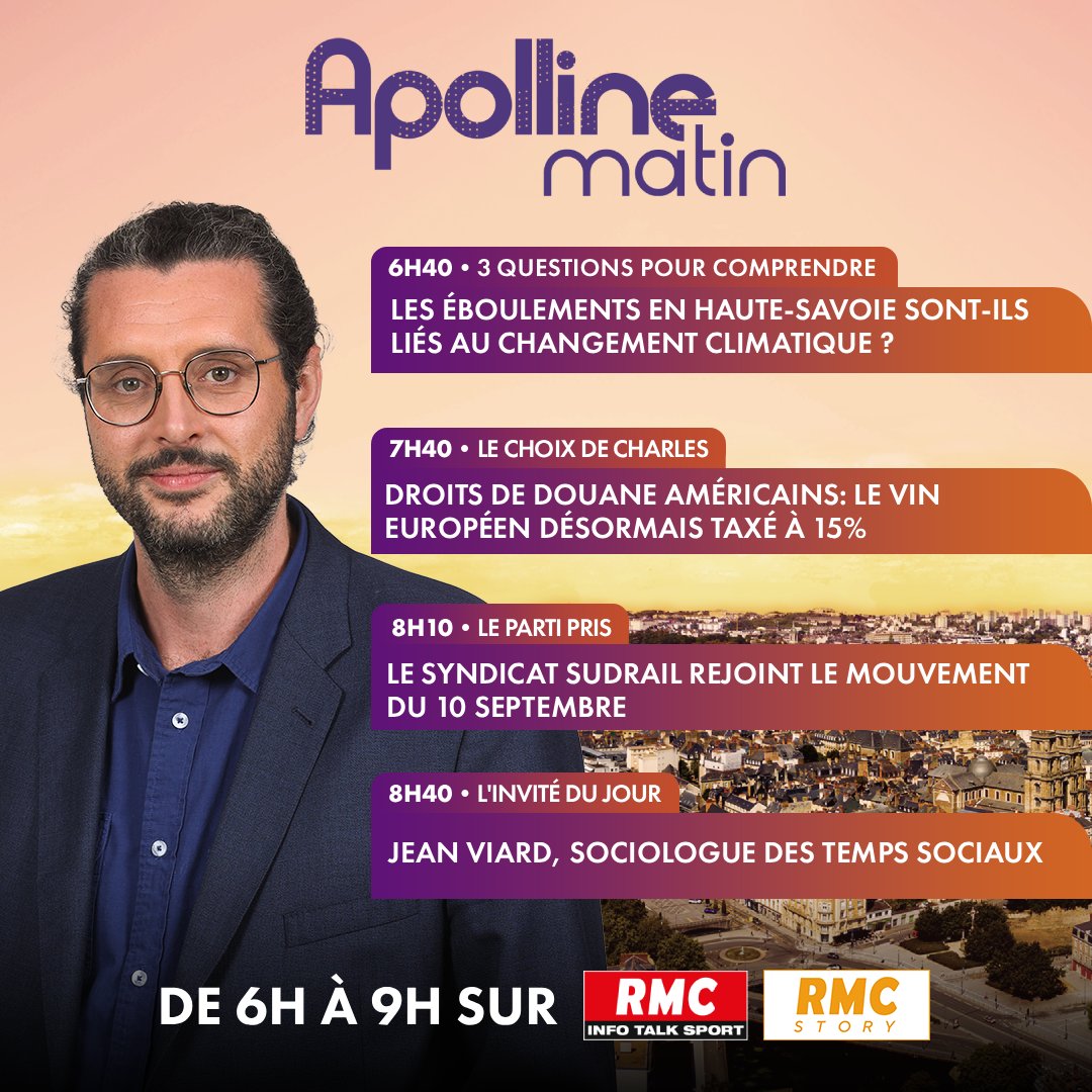 🎙 Ce matin dès 6h, dans #ApollineMatin : 
► 6h40 : <a href="/DimitriCarbo/">Dimitri Carbonnelle</a>, expert en adaptation au changement climatiqu  
► 7h40 : Nicolas Ozanam, Délégué général de la La Fédération des Exportateurs de Vins &amp; Spiritueux
► 8h10 : Julien Troccaz,  Secrétaire fédéral SUD-Rail
► 8h40 :