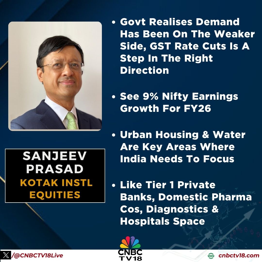 CNBCTV18Live's tweet image. #OnCNBCTV18 | 'Govt realises demand has been on the weaker side, #GSTRate cuts is a step in the right direction,' says Sanjeev Prasad of #KotakInstlEquities to CNBC-TV18

Urban housing &amp;amp; water are key areas where India needs to focus, he further adds