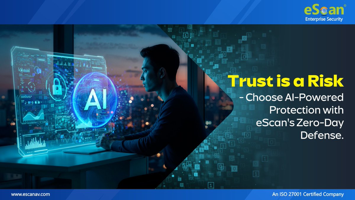 escan_tweet's tweet image. ⚠️ In cybersecurity, trust is a risk.
Sophisticated attacks exploit what you trust most — users, apps, and systems.
🧠 That’s why eScan’s AI-Powered Zero-Day Defense doesn’t trust blindly — it analyzes, adapts, and acts before threats strike.
bit.ly/4mri7xj
#AIProtection