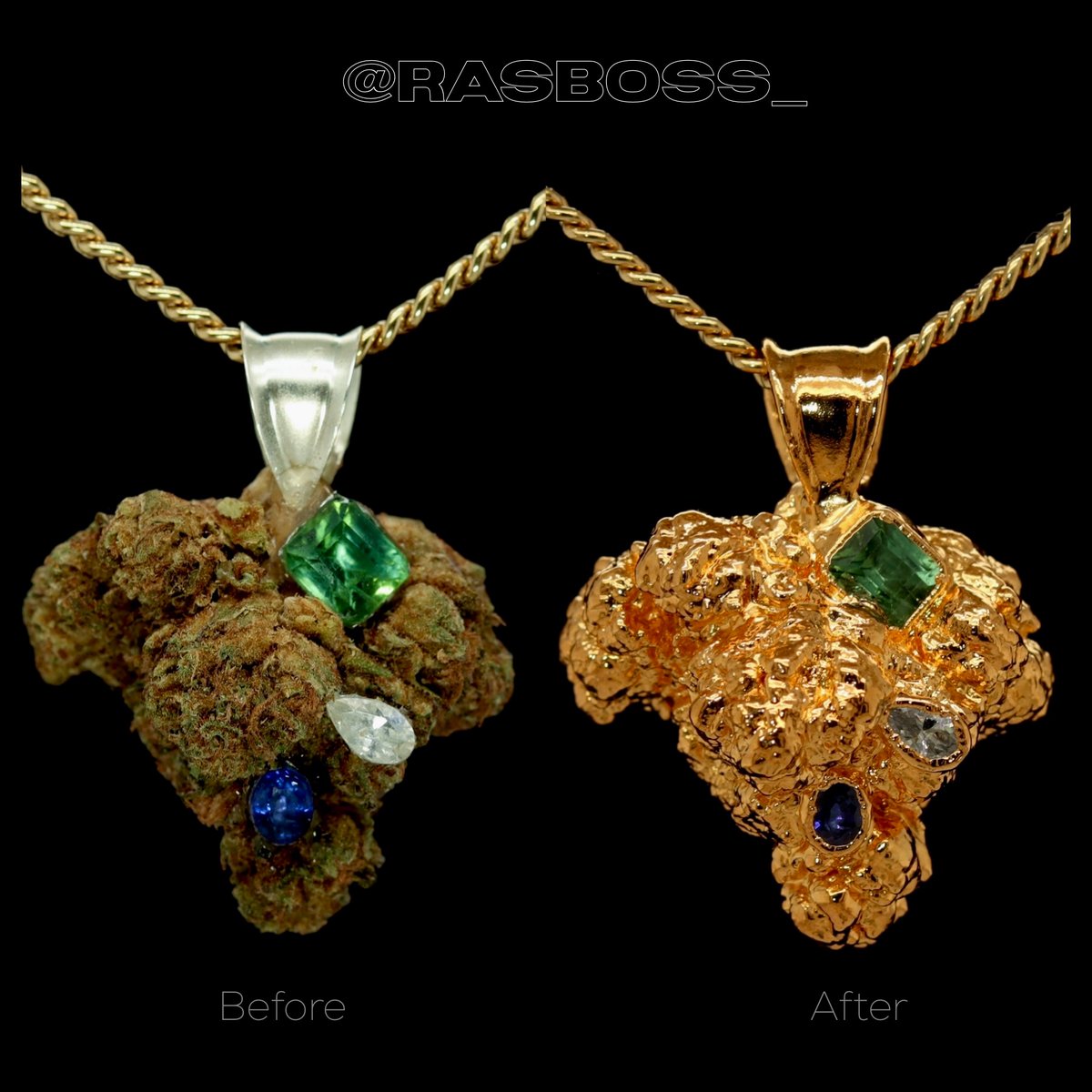 rasboss_'s tweet image. Each Ras Boss piece is one-of-one. Handcrafted with the real plant, dipped in gold or platinum, and set with natural gemstones.

Available on RasBoss.com 🌱

 #cannabisart #cannabisjewelry #budpendant