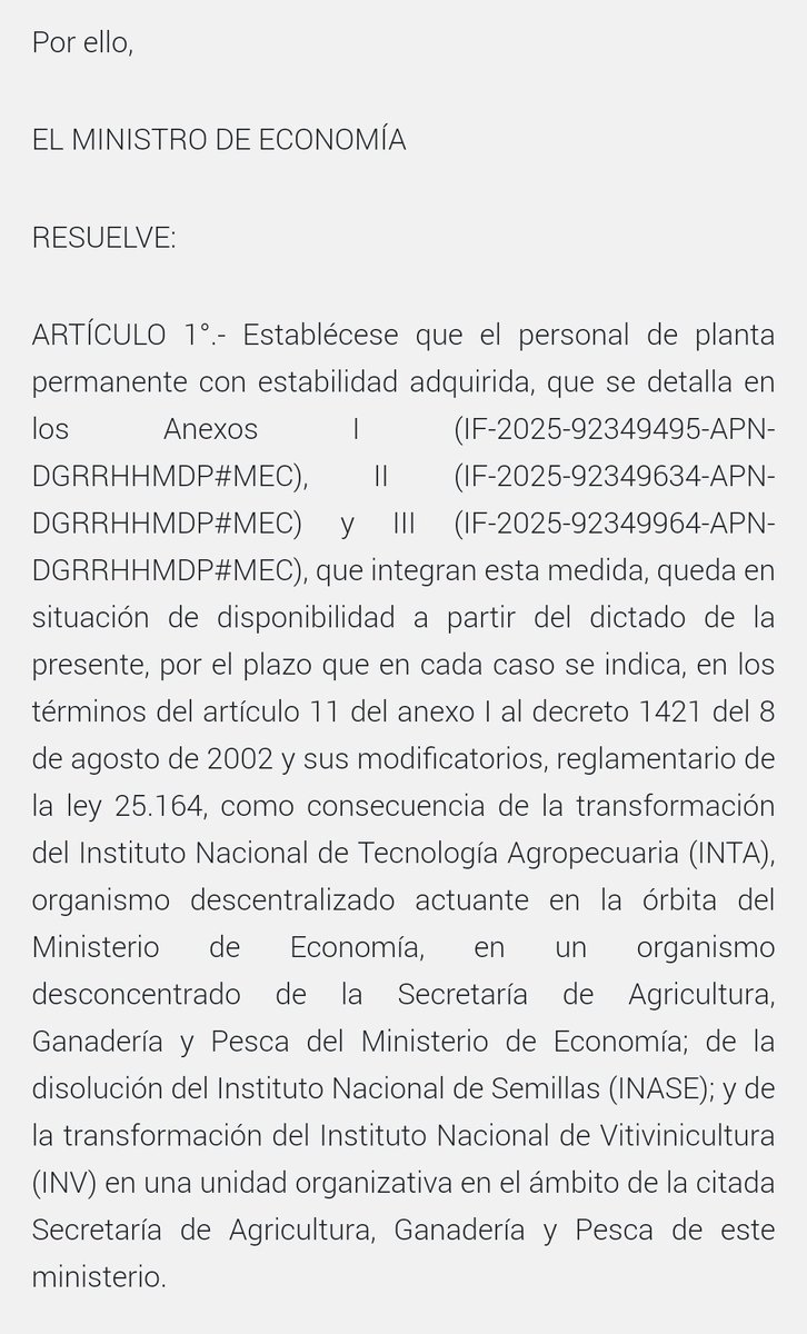 Lo que hizo recien Luis Caputo es ILEGAL.
Después de que en Senado se RECHAZARON las disoluciones de los organismos públicos PASARON A DISPONIBILIDAD A SUS TRABAJADORES.
Caputo acaba de firmar un decreto que se publicó en Boletín Oficial y pasa a disponibilidad a más de 300