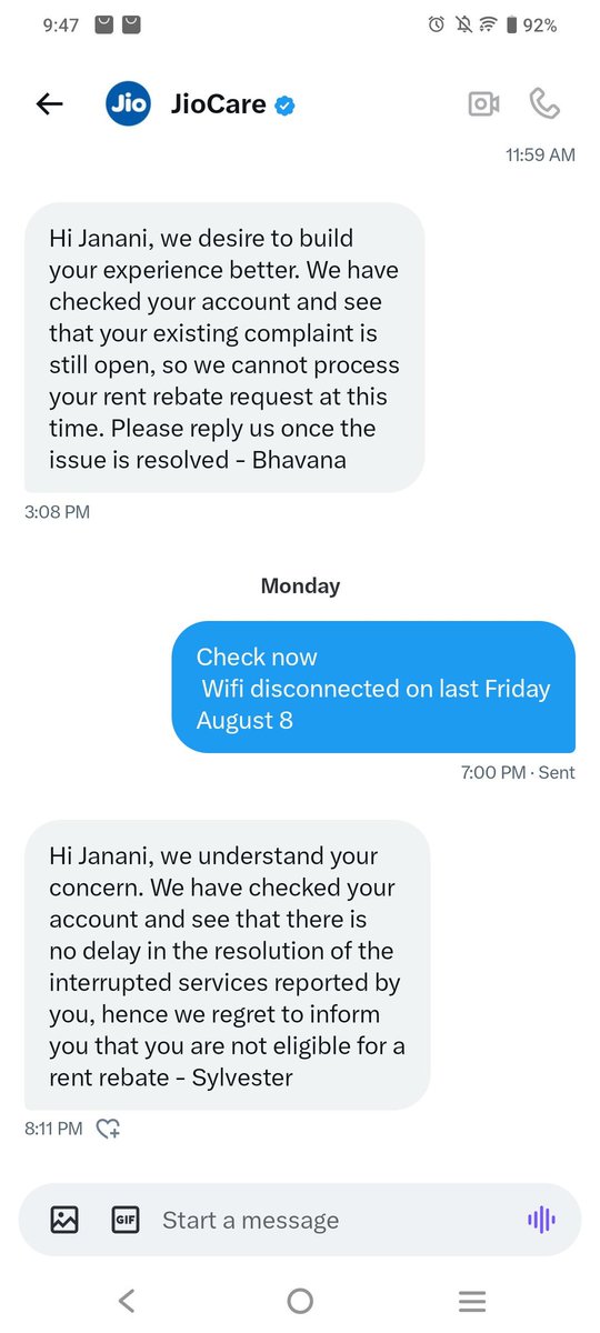 jananiselv71957's tweet photo. "@JioCare JioFiber was down from Aug 8 to Aug 18 due to tower issues. Yet, no extension or compensation provided. Why make promises if you won’t keep them? #FakePromises #JioFiber" Took 10+ days to resolve but still No delay in resolution??? https://t.co/uBqhXqyTHO