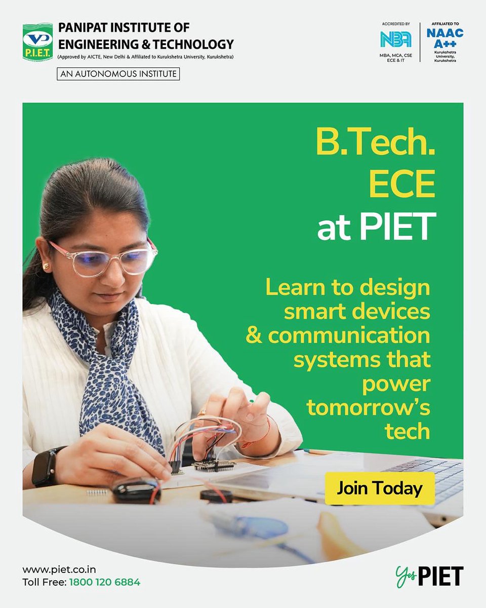 PIETPanipat's tweet image. Design the future with innovation! 💡
Build smart devices &amp;amp; communication systems with B.Tech. ECE at PIET 🚀✨

#EngineeringExcellence #BTechECE #FutureTechnology #SmartDevices #Innovation #EngineeringStudents #PIET #PanipatInstitute #TechEducation #JoinPIET