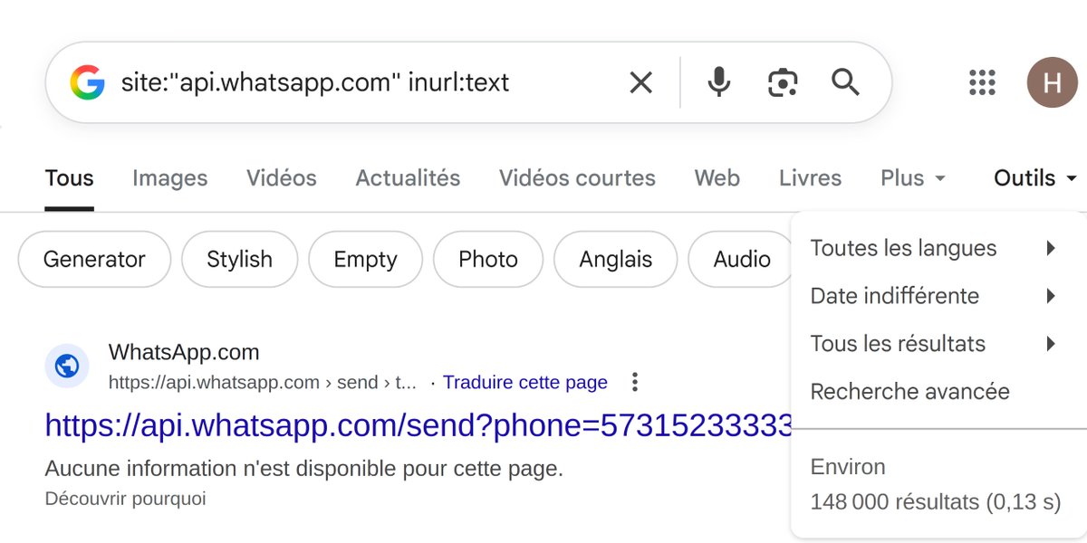 Out of ideas for your WhatsApp texts? Great the api &amp; Google has 150,000+ ways to keep the convo alive!Happy Dorking! #OSINT #redteam #Dorking