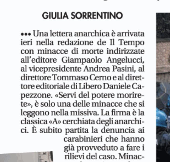 Ho appreso delle minacce di morte giunte in una lettera alla redazione del Tempo e rivolte contro il nostro editore, contro il vicepresidente del nostro gruppo editoriale, contro Tommaso Cerno e contro di me. 

Ho da dire solo che non ci faremo intimidire né da qualche violento