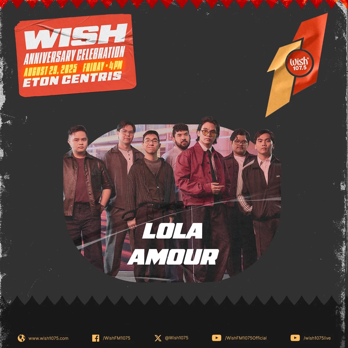 Groove to the rhythm of Lola Amour’s music!

Sing along with the phenomenal hitmakers at the 11th Wish Anniversary Celebration at Eton Centris!

See you on August 29, Wishers!