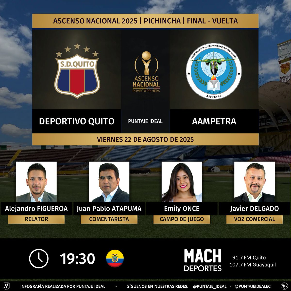 Puntaje Ideal EC (@puntajeidealec) on Twitter photo ⚽ #AscensoEC 🇪🇨 | #DeportivoQuito vs. #AAMPETRA
🎙 Relator: <a href="/LejoAF/">Lejo Figueroa R.</a>
🎙 Comentarista: <a href="/jpabloas/">Juan Pablo Atapuma Solórzano</a>
⛳️ Campo de juego: <a href="/EmilyOnce5/">Emily Once</a>
🎙 Voz Comercial: Javier Delgado
📻 <a href="/MachdeportesFM/">Machdeportes ✨ Gente Que Sabe De Radio</a>
🤳 #LaDinastíaContinúa
Dale RT 🔃 ⚽ #AscensoEC 🇪🇨 | #DeportivoQuito vs. #AAMPETRA
🎙 Relator: <a href="/LejoAF/">Lejo Figueroa R.</a>
🎙 Comentarista: <a href="/jpabloas/">Juan Pablo Atapuma Solórzano</a>
⛳️ Campo de juego: <a href="/EmilyOnce5/">Emily Once</a>
🎙 Voz Comercial: Javier Delgado
📻 <a href="/MachdeportesFM/">Machdeportes ✨ Gente Que Sabe De Radio</a>
🤳 #LaDinastíaContinúa
Dale RT 🔃
