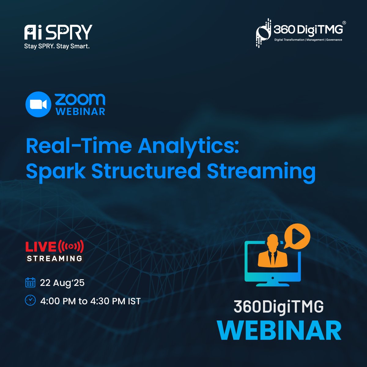 360digitmg's tweet image. 🚀Real-Time Analytics: Spark Structured Streaming | 360DigiTMG

📅 Date: 22nd August 2025
🕓 Time: 4:00 PM IST

Register Now by clicking the link below
360digitmg.zoom.us/webinar/regist…

#RealTimeAnalytics #SparkStreaming #BigData #DataEngineering #DataScience #MachineLearning #360DigiTMG