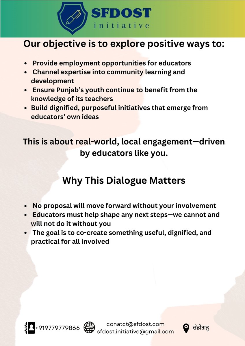 S.F.D.O.S.T. (@iamsfdost) on Twitter photo Together, Let’s Find a Way Forward
A Call for Dialogue and Collective Action with the Educators of Punjab
#Punjab is blessed with thousands of talented educators—teachers, instructors, and academic professionals—who hold advanced qualifications, teaching experience, and a deep Together, Let’s Find a Way Forward
A Call for Dialogue and Collective Action with the Educators of Punjab
#Punjab is blessed with thousands of talented educators—teachers, instructors, and academic professionals—who hold advanced qualifications, teaching experience, and a deep
