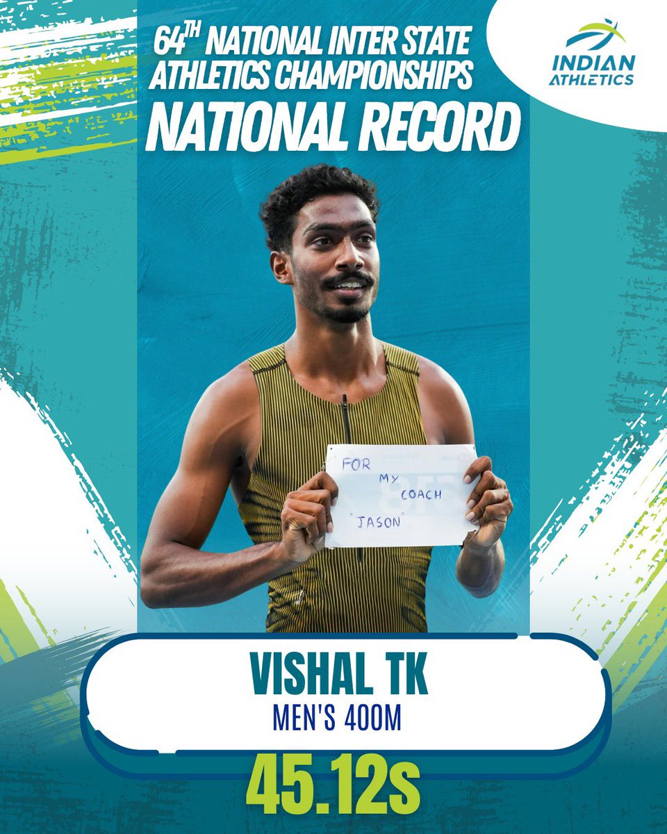 Vishal TK creates a National Record in the men's 400m at the 64th National Inter State Athletics Championships being held in Chennai, Tamil Nadu with a sensational timing of 45.12s to finish in first place. 

#NationalRecord #AFI #IndianAthletics