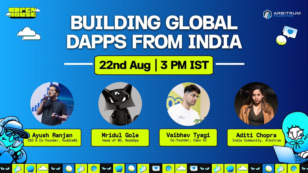 Arbitrum India (@arbitrum_india) on Twitter photo The day is here. Open House India Buildathon starts today.
Join us for an exciting session on building global dapps from India:
• 22nd Aug (today) | 3 PM IST
• Live on YouTube + <a href="/ArbitrumDevs/">Arbitrum Developers</a>
Featuring Arbitrum ecosystem builders:
• <a href="/ranjan3118/">Ayush Ranjan | Huddle01</a>: CEO & Cofounder, The day is here. Open House India Buildathon starts today.
Join us for an exciting session on building global dapps from India:
• 22nd Aug (today) | 3 PM IST
• Live on YouTube + <a href="/ArbitrumDevs/">Arbitrum Developers</a>
Featuring Arbitrum ecosystem builders:
• <a href="/ranjan3118/">Ayush Ranjan | Huddle01</a>: CEO & Cofounder,