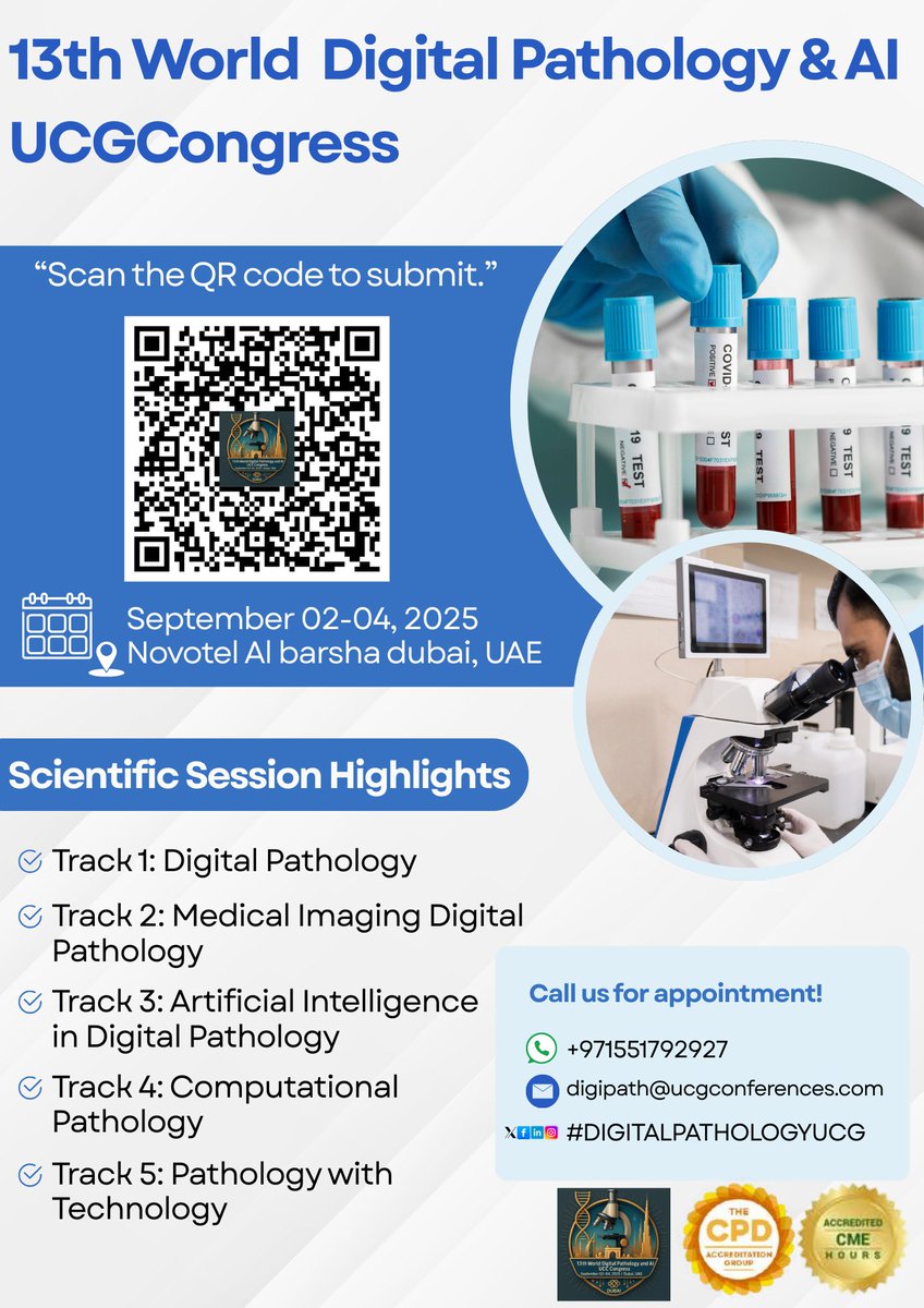 Dr. Carl Adam (@drcarladam1) on Twitter photo Submit your abstract now for the 13th World Digital Pathology & AI UCGCongress
Date: September 02–04, 2025
Venue: Novotel Al Barsha, Dubai, UAE
Submit …lpathology.utilitarianconferences.com/submit-abstract
WhatsApp wa.me/+971551792927
#DigitalPathology #AIinHealthcare #PathologyCongress #DigitalPathology Submit your abstract now for the 13th World Digital Pathology & AI UCGCongress
Date: September 02–04, 2025
Venue: Novotel Al Barsha, Dubai, UAE
Submit …lpathology.utilitarianconferences.com/submit-abstract
WhatsApp wa.me/+971551792927
#DigitalPathology #AIinHealthcare #PathologyCongress #DigitalPathology