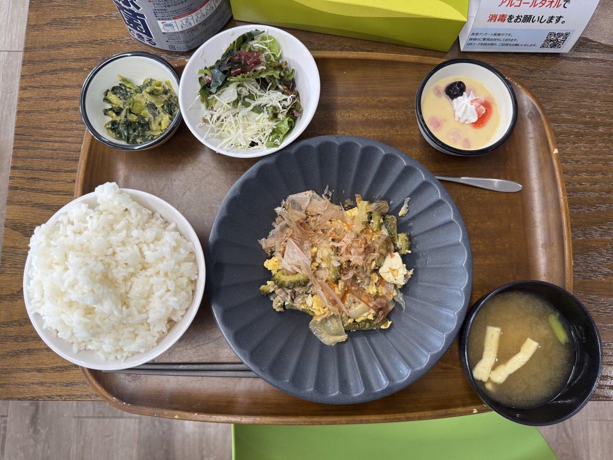 ゴーヤチャンプル、ご飯、味噌汁、サラダ、菜の花の酢味噌和え、パンナコッタ。
#お昼ごはん