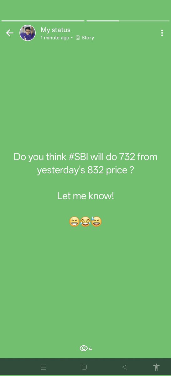 shahdevangt's tweet photo. Do you think #sbi will do 732 from yesterday's price of 832 ?

Today Whatsapp status!🤞

Let me know ? 😀😂😅 https://t.co/0bhraF0UJU
