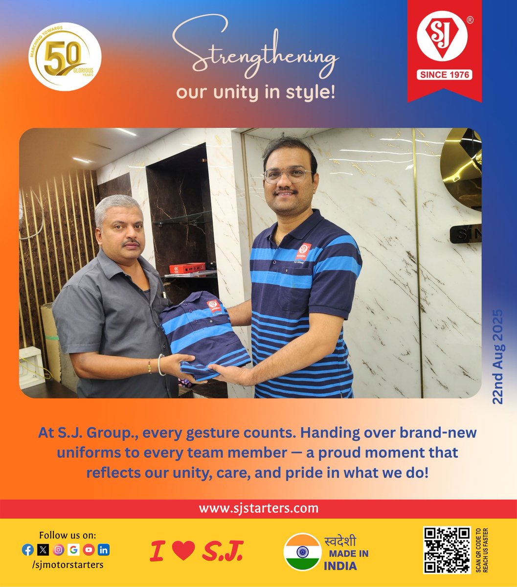 sjmotorstarters's tweet image. Strengthening our unity in style! 💙 

At S.J. Group., every gesture counts. Handing over brand-new uniforms to every team member — a proud moment that reflects our unity, care, and pride in what we do!

#SJFamily #TeamSpirit #UnityInStyle #PrideAtWork #WorkplaceCulture