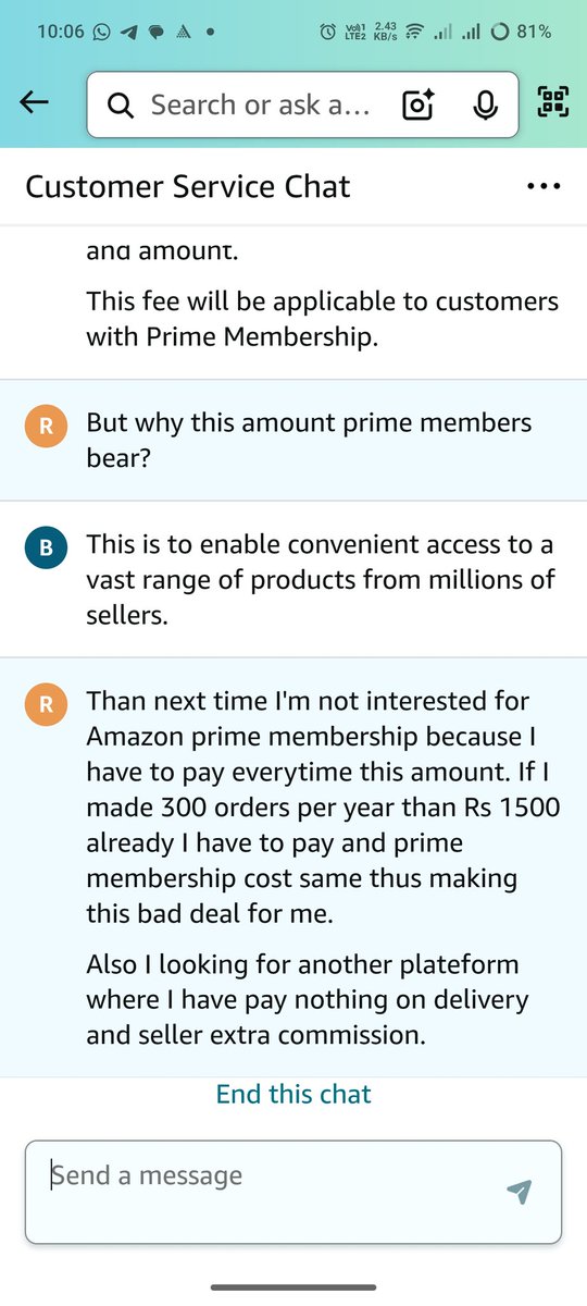 Marketplace fee charged by Amazon Prime Members is cheat as shown in my calculation.
If you order 300 time than Rs5 for every order equal to Amazon Prime Membership.
Than why only <a href="/amazonIN/">Amazon India</a> 
I'm looking for another chance.