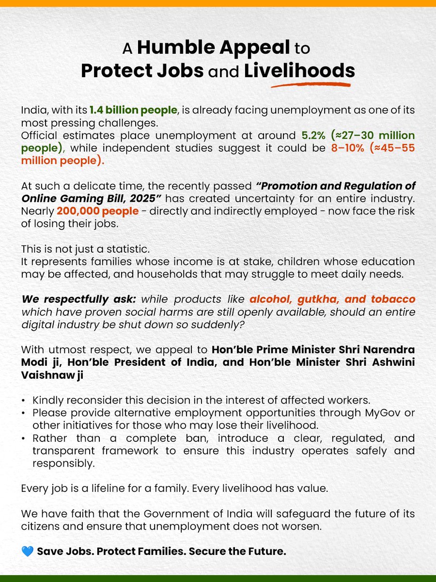 pushpshekhar's tweet photo. 200,000 jobs at risk! 🚨

India already faces high unemployment. The Online Gaming Bill, 2025 now threatens the future of families dependent on this industry. 💔

🙏 @narendramodi @rashtrapatibhvn @AshwiniVaishnaw
➡️ Regulate, don’t eliminate
➡️ Protect jobs, secure futures 💙 https://t.co/hyue8ZtC6D
