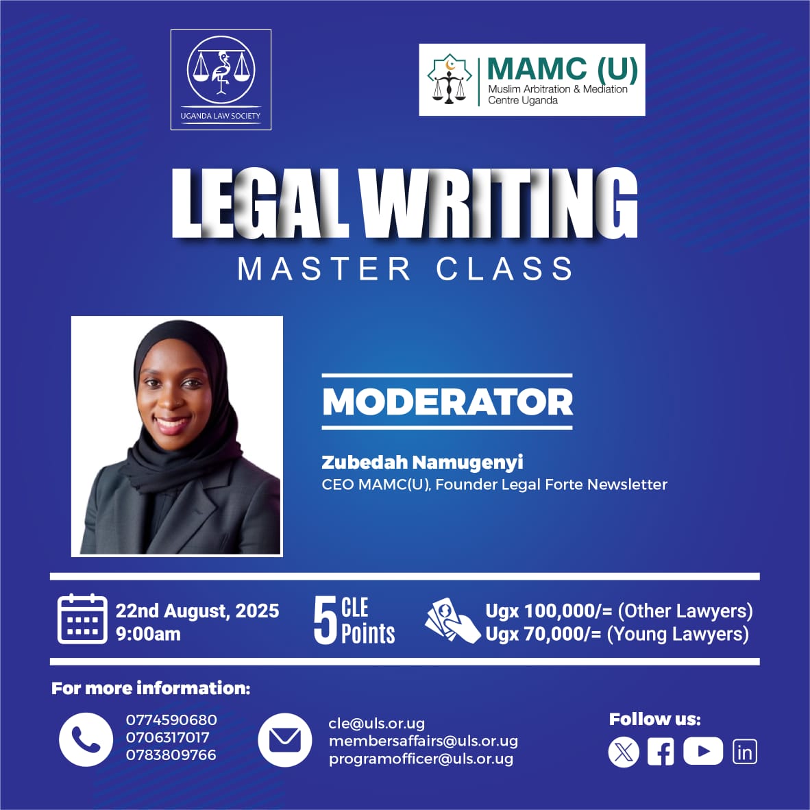 PROFESSIONAL DEVELOPMENT:  Today, August 22, 2025, we are pleased to invite our members to a Virtual Legal Writing Masterclass, hosted in collaboration with the Muslim Arbitration &amp; Mediation Centre (MAMC U).

This session is designed to enhance your legal writing skills and