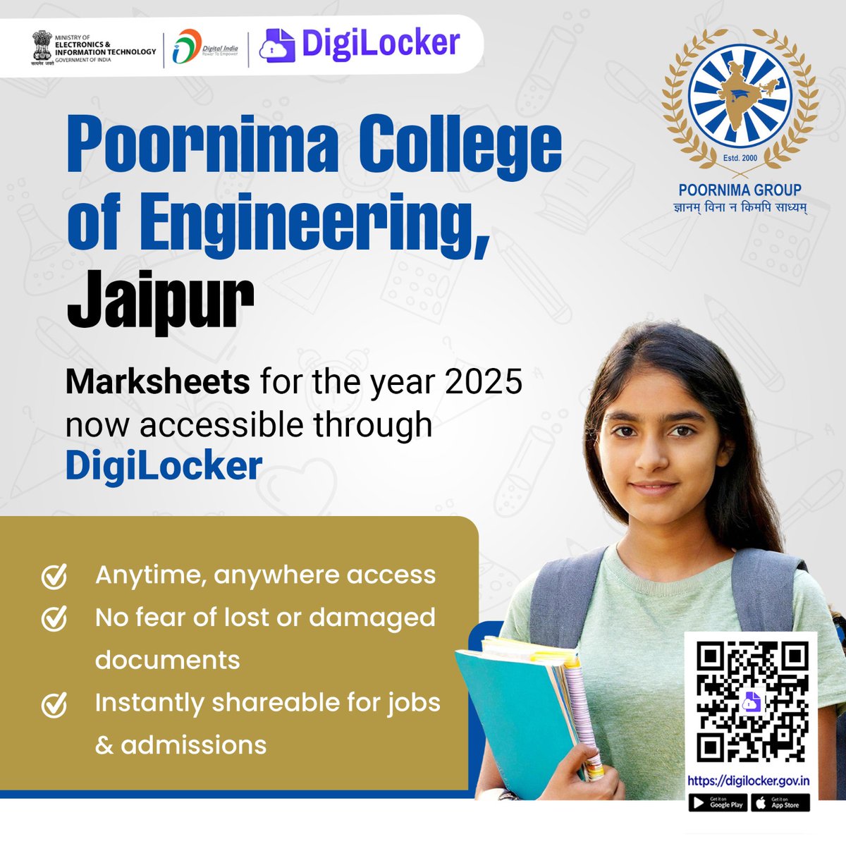 digilocker_ind's tweet image. Say goodbye to paperwork!
Poornima College of Engineering, Jaipur students can now download their 2025 Marksheet instantly on #DigiLocker – safe and secure. Access your records anytime, anywhere!