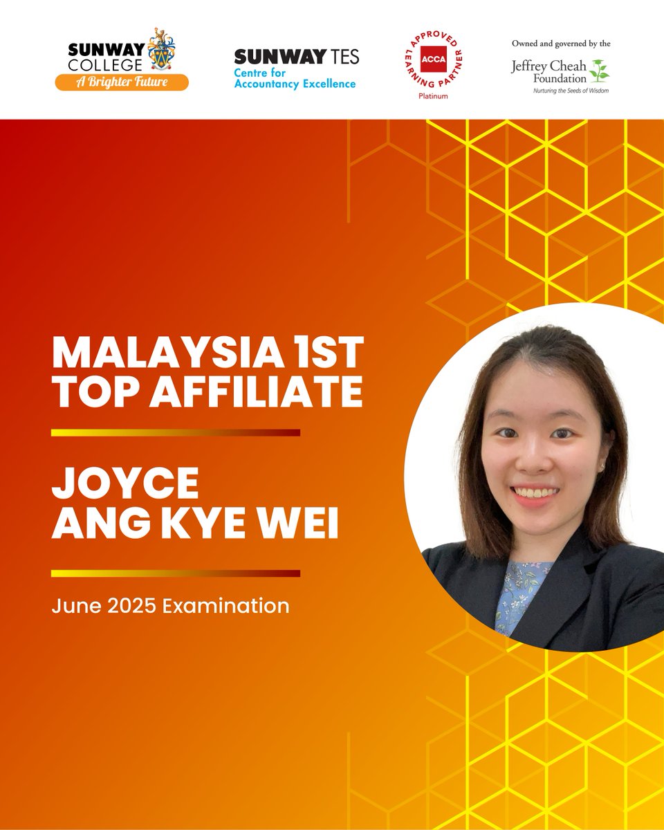 Congratulations to Joyce Ang Kye Wei for being named Malaysia’s #1 Top #ACCA Affiliate in the June 2025 examination! 🎉

With the title of Top #ACCAAffiliate, she’s looking forward to kickstarting her career in the accounting and finance world.

#SunwayTESCAE