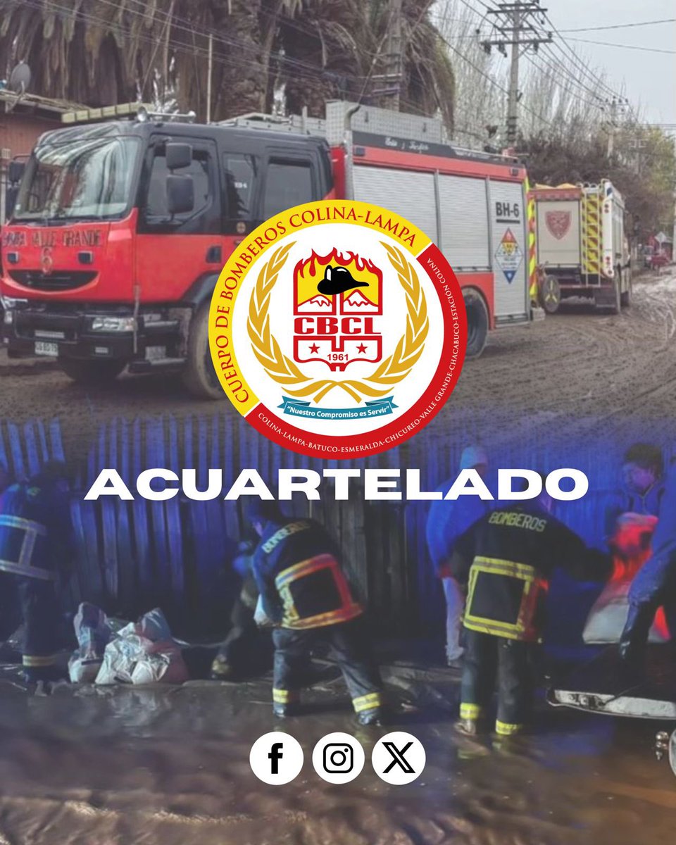 CBColina_Lampa's tweet photo. 𝐀𝐂𝐔𝐀𝐑𝐓𝐄𝐋𝐀𝐌𝐈𝐄𝐍𝐓𝐎 | Por orden del Sr. Comandante, el CBCL se mantiene acuartelado desde hoy jueves 21 de agosto a las 12:00 horas, hasta el día sábado 23 a las 12:00 horas, debido a la Alerta Meteorológica.
Nuestro compromiso es servir 🚒
#CBCL #CBColinaLampa https://t.co/46Y3SWo2dd