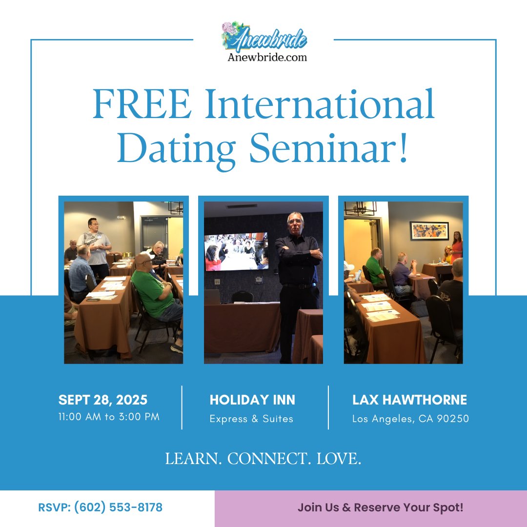 BrideAnew's tweet photo. 📅 Join us on Sept 20, 2025 at Holiday Inn Express &amp; Suites LAX Hawthorne for a FREE Dating Seminar (11 AM – 3 PM).

Learn, connect, and discover new possibilities in love. 💖

👉 Reserve your spot today! https://t.co/QkXAhSXLJA

#datingseminar #datingtips #internationaldating https://t.co/oW4GNZC0sg