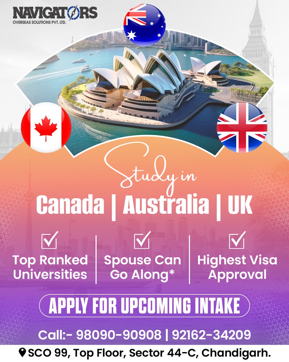 Navigatorsos's tweet image. Turn Your Study Abroad Dreams Into Reality!
Choose Canada, Australia, or the UK for world-class education, top-ranked universities, and the highest visa approval chances. 
📞 Call us: 98090-90908 | 92162-34209

#StudyVisa #StudyInCanada #StudyInUK #StudyInAustralia