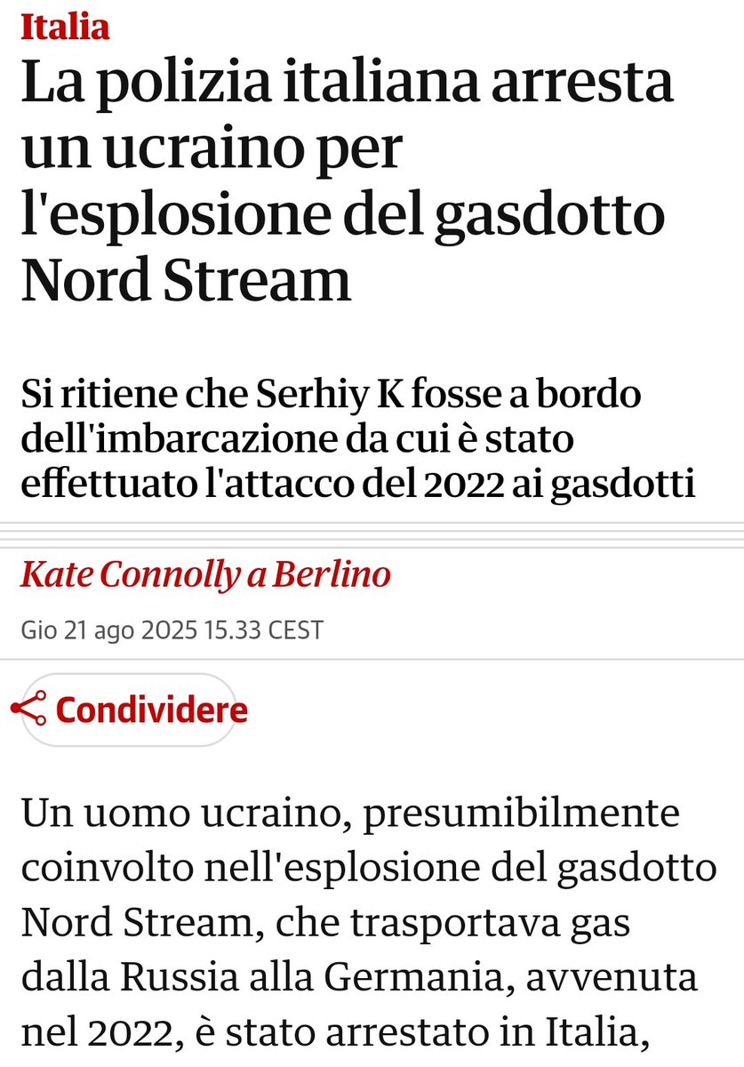 NORD STREAM: QUINDI, NON ERA STATO PUTIN. E ORA CHI LO DICE A MENTANA &amp; CO? I GIORNALISTI ITALIANI NON FANNO GIORNALISMO MA BECERA PROPAGANDA!

Euronews:
it.euronews.com/2025/08/21/arr…

The Guardian:
theguardian.com/world/2025/aug…