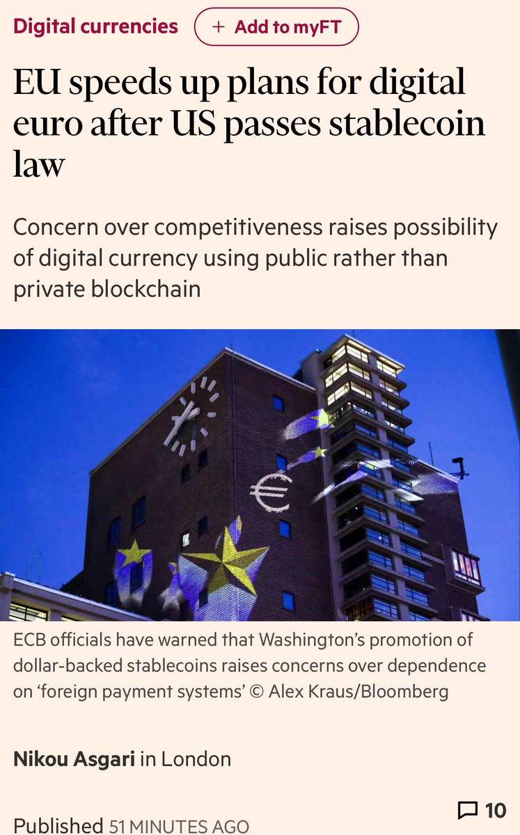DefiIgnas's tweet image. BREAKING: The EU considers ditching CBDC for a stablecoin on a public blockchain: FT. 

FT mentions Ethereum or Solana. 

‘A person involved in discussions said that since the so-called Genius Act was passed, EU officials had been “rethinking plans for the digital euro”.’