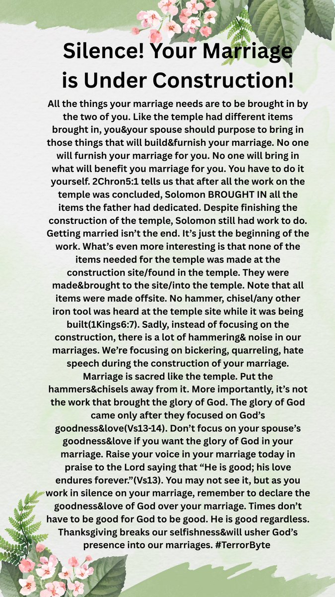 kamuteera's tweet image. The kind of marriage you are building is a representation of who you are. You’re the materials&amp;amp;furnishings that you bring into your marriage. To change what you don’t like, you must change. #TerrorByte