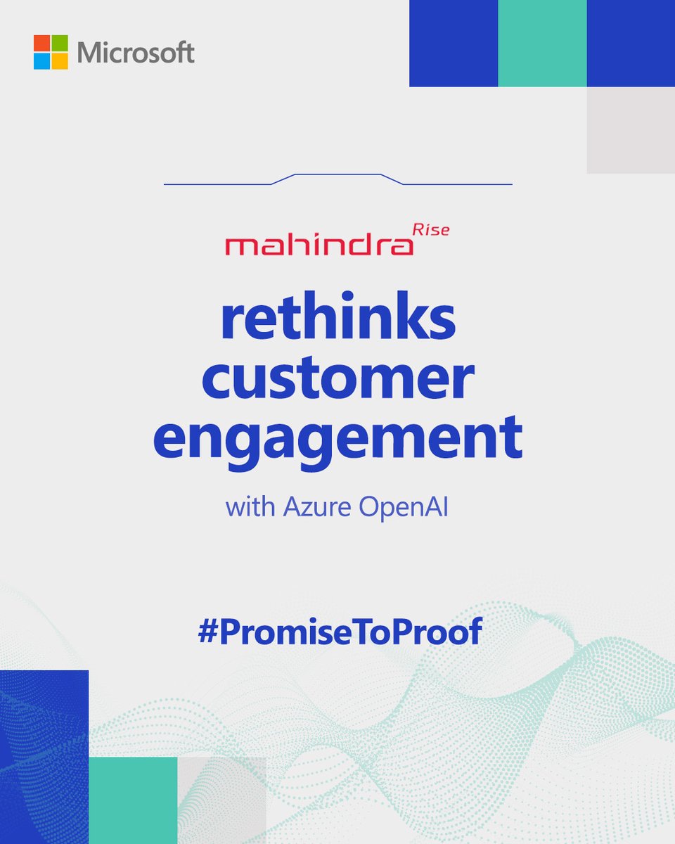 MicrosoftIndia's tweet photo. Mahindra is using #GenAI to deeply connect with every customer. From marketing to verification, their AI-first approach is rewriting the rules of customer experience, powered by a multiagent system and intelligent automation. Read how. https://t.co/tWXjGgMdKg  #PromiseToProof https://t.co/jUsqB6j8QQ