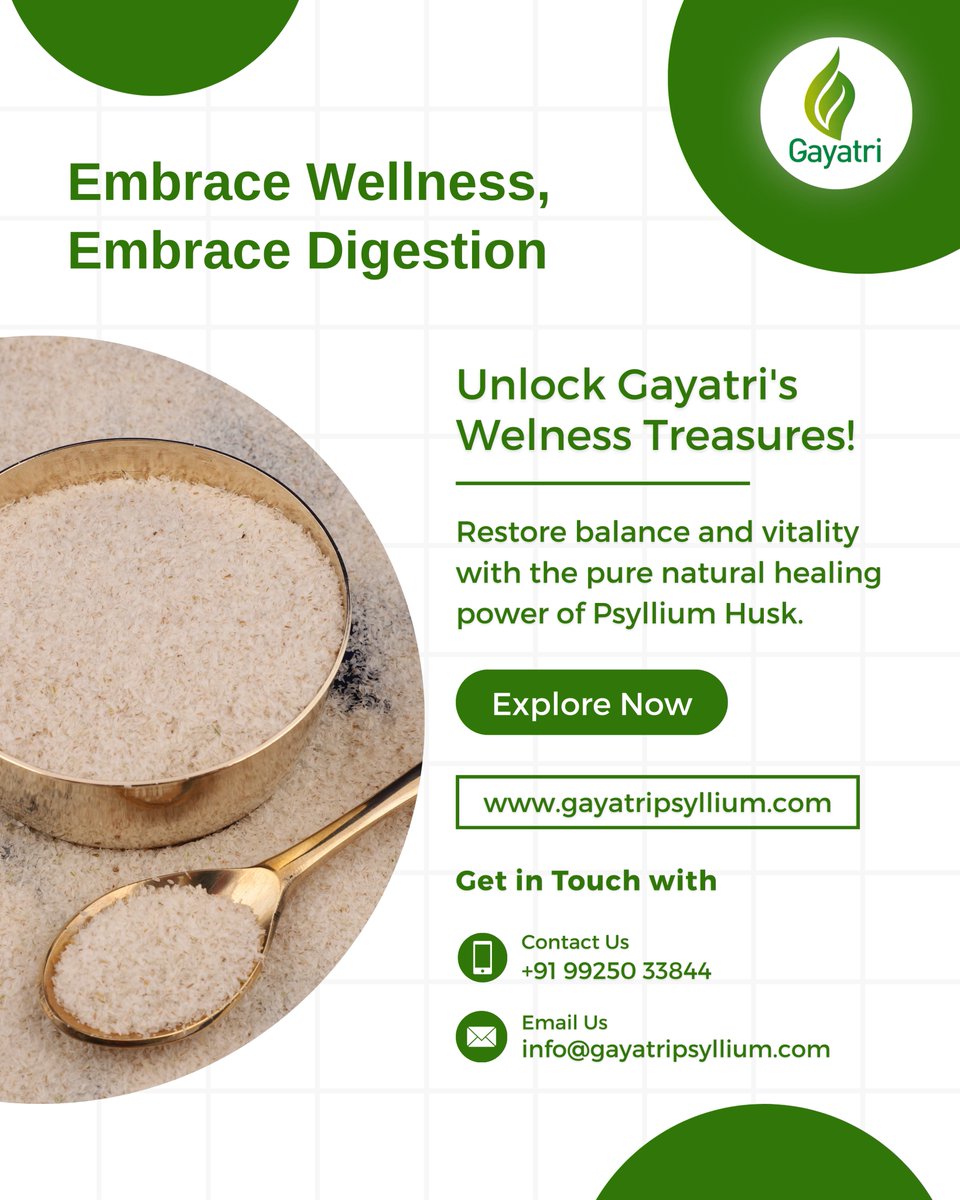 gayatripsyllium's tweet image. ✨Unlock #GayatriPsyllium's #WellnessTreasures

Restore balance and vitality with the pure natural healing power of #PsylliumHusk🌿

👉#EmbraceWellness, #EmbraceDigestion
🔗gayatripsyllium.com

#PsylliumProducts #PsylliumSeeds #Isabgol #Dietary #NaturalHealth #NaturalFiber