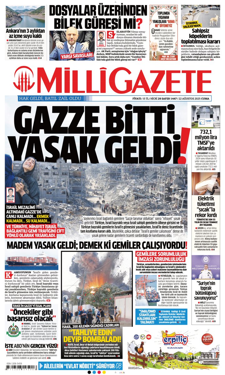Milli Gazete'nin bugünkü birinci sayfası...

''GAZZE BİTTİ YASAK GELDİ''

milligazete.com.tr/haber/26010431…