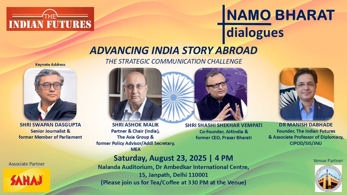 The Indian Futures (@indianfutures) on Twitter photo Join us #TOMORROW for our next edition of #NamoBharatDialogues with Shri <a href="/swapan55/">Swapan Dasgupta</a>, Shri <a href="/MalikAshok/">Ashok Malik</a>, Shri <a href="/shashidigital/">Shashi Shekhar Vempati शशि शेखर</a> & Dr <a href="/imanishdabhade/">Manish Dabhade</a> at 4 PM at Dr Ambedkar International Centre, Janpath, Delhi ! Join us #TOMORROW for our next edition of #NamoBharatDialogues with Shri <a href="/swapan55/">Swapan Dasgupta</a>, Shri <a href="/MalikAshok/">Ashok Malik</a>, Shri <a href="/shashidigital/">Shashi Shekhar Vempati शशि शेखर</a> & Dr <a href="/imanishdabhade/">Manish Dabhade</a> at 4 PM at Dr Ambedkar International Centre, Janpath, Delhi !