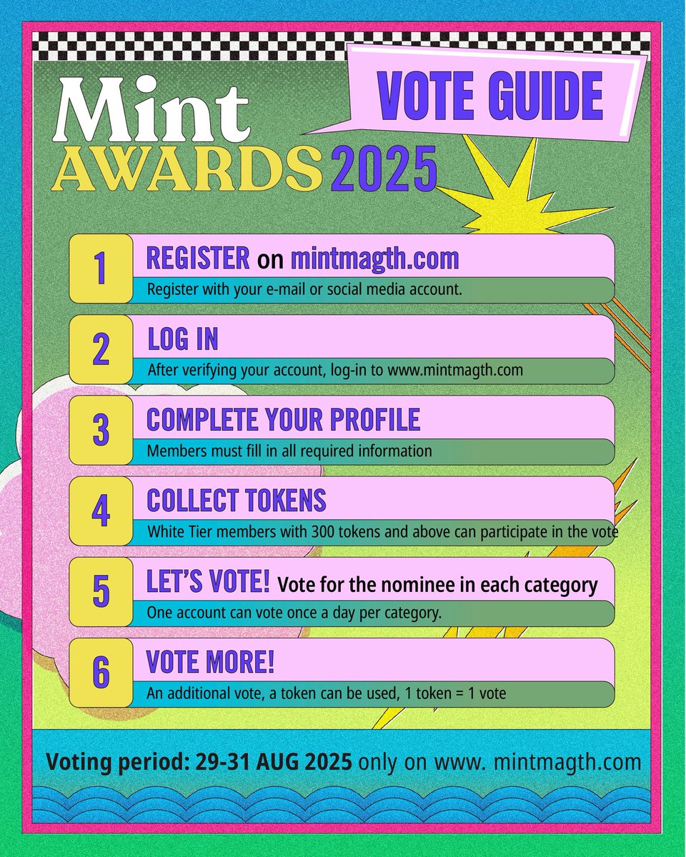 #MintAwards2025 : VOTE GUIDE | วิธีการโหวต

✅ เปิดโหวตระหว่าง 29-31 สิงหาคม 2025
🔗 ทาง mintmagth.com เท่านั้น (โหวตฟรี ไม่มีค่าใช้จ่าย) 

➡️More Details mintmagth.com/story/vote-gui…

#.MchoiceMintAwards2025
#MintMagTH