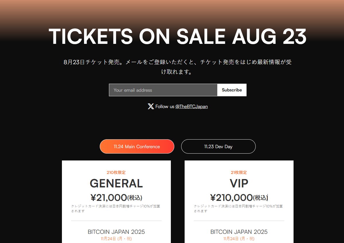 🎉いよいよ！#BitcoinJapan2025 のチケット販売が 8/23スタート！  📢チケット購入者は、登壇者に直接質問を投稿できる仕組みをご用意✨ 💳 ビットコイン決済(@zapriteapp)なら10%お得⚡ 📱 Apple/Google  Walletでラクラク入場！ 🚀 11月24日、東京ステーションホテルで ...