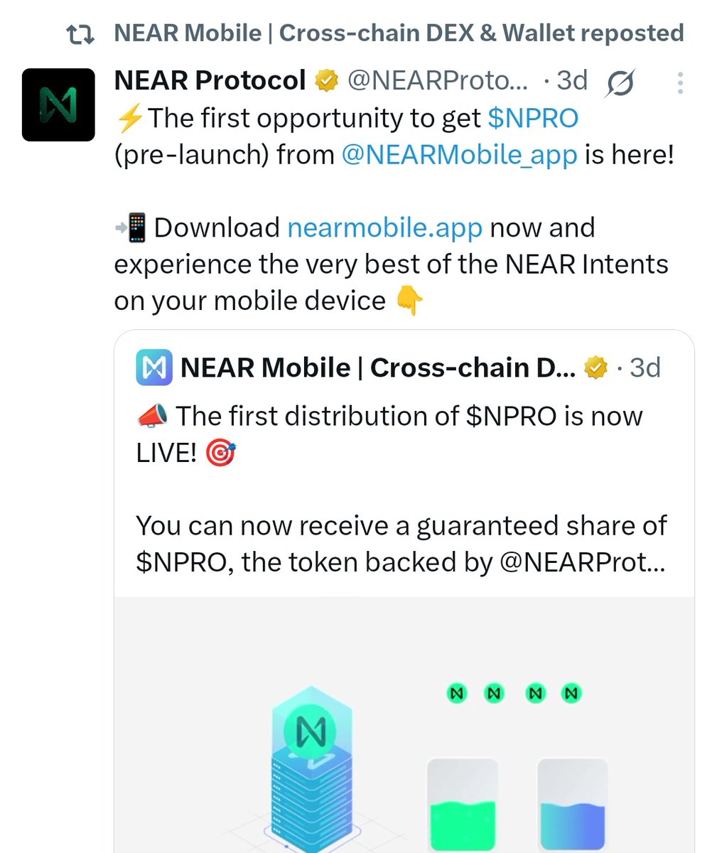 Mining Dada (@miningdada) on Twitter photo β
New <a href="/NEARMobile_app/">NEAR Mobile | Cross-chain DEX & Wallet</a> Wallet Airdropβ€οΈβπ₯Backed by <a href="/NEARProtocol/">NEAR Protocol</a>
πLink - nearmobile.app
Reward Code - 140NLY
π Open App & create new wallet
π Set Username and save key
π Enter Code - 140NLY
π Set Login Pin & Complete task
π Join - t.me/miningdada β
New <a href="/NEARMobile_app/">NEAR Mobile | Cross-chain DEX & Wallet</a> Wallet Airdropβ€οΈβπ₯Backed by <a href="/NEARProtocol/">NEAR Protocol</a>
πLink - nearmobile.app
Reward Code - 140NLY
π Open App & create new wallet
π Set Username and save key
π Enter Code - 140NLY
π Set Login Pin & Complete task
π Join - t.me/miningdada