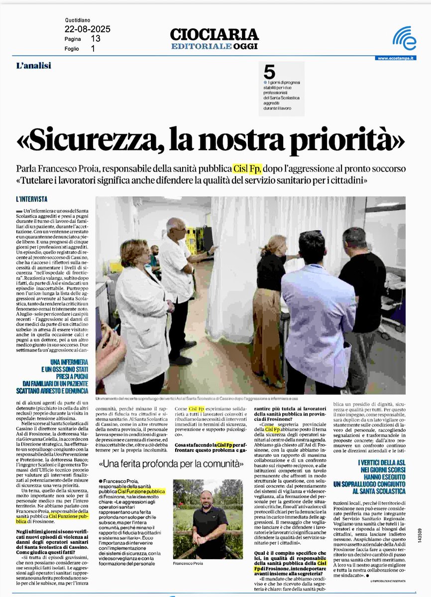 Cisl Fp Frosinone (@cislfpfrosinone) on Twitter photo 🏥 «Sicurezza, la nostra #priorità»
Parla Francesco #Proia, Resp. della #sanitàpubblica della <a href="/CislFpFrosinone/">Cisl Fp Frosinone</a> ,dopo l'aggressione al pronto soccorso.
«Tutelare i #lavoratori significa anche difendere la qualità del #servizio sanitario per i #cittadini»
Leggi 🗞️su <a href="/CiociariaO/">Ciociaria Oggi</a> 👇 🏥 «Sicurezza, la nostra #priorità»
Parla Francesco #Proia, Resp. della #sanitàpubblica della <a href="/CislFpFrosinone/">Cisl Fp Frosinone</a> ,dopo l'aggressione al pronto soccorso.
«Tutelare i #lavoratori significa anche difendere la qualità del #servizio sanitario per i #cittadini»
Leggi 🗞️su <a href="/CiociariaO/">Ciociaria Oggi</a> 👇